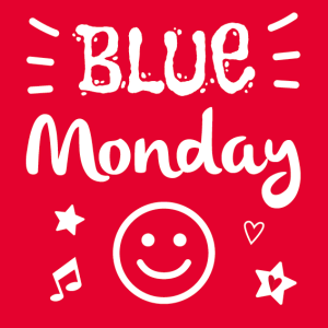 A red square with the words Blue Monday and a smiley face in white to celebrate Little Voices mountain of achievement in 2023