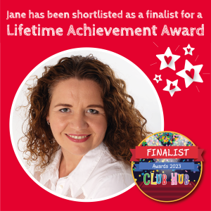 Image of Jane James in a red square with the words 'Janes has been shortlisted as a finalist for a Lifetime Achievement Award' and the Club Hub finalist logo